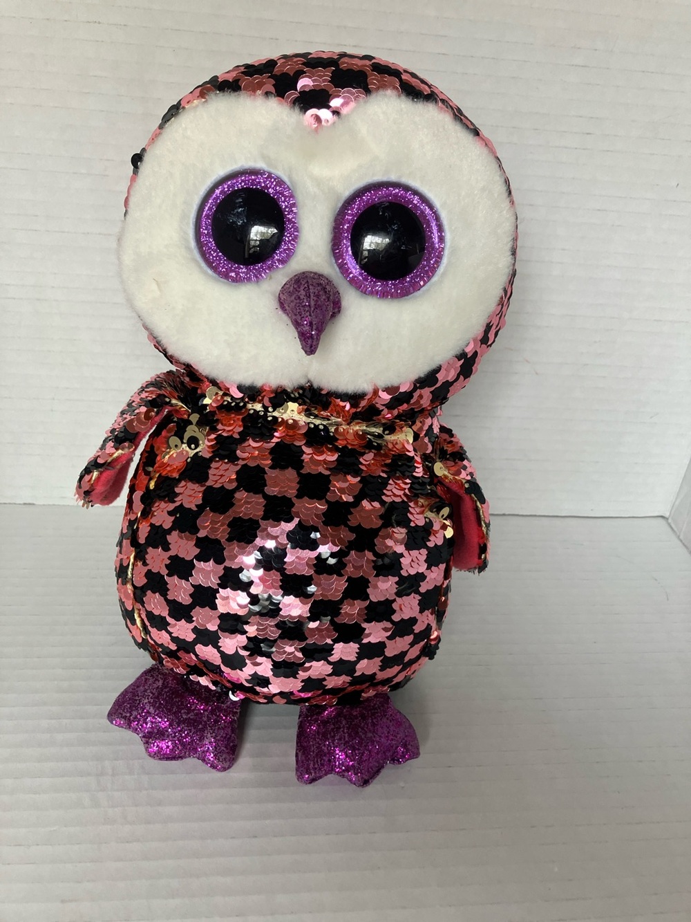Ty Flippables Checks Sequin Owl Plush with Sparkle Eyes Pink Purple Gold Black‎